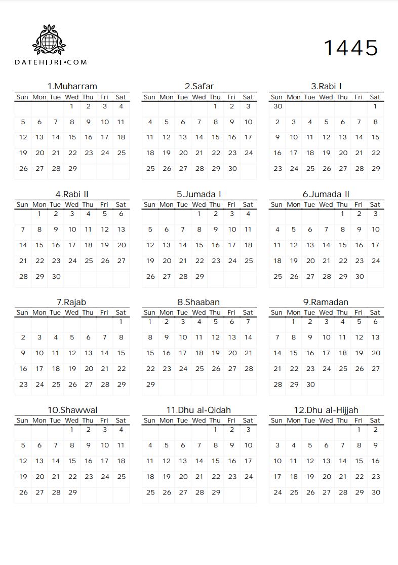 1445 Hijri Calendar Printable